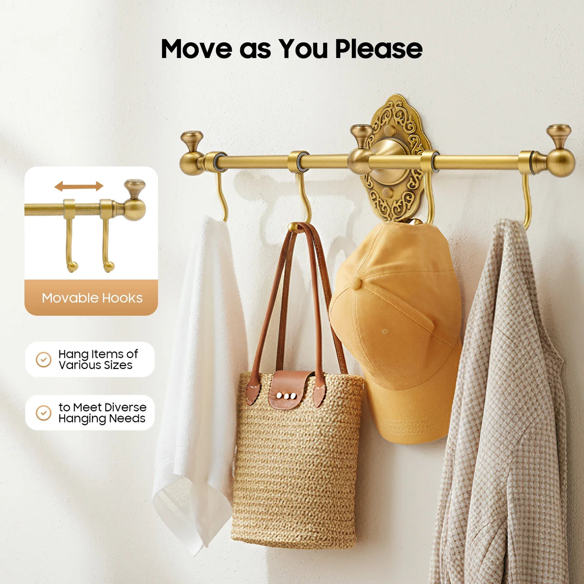 Wall Mounted Brass Towel Rack With Multiple Storage Hooks