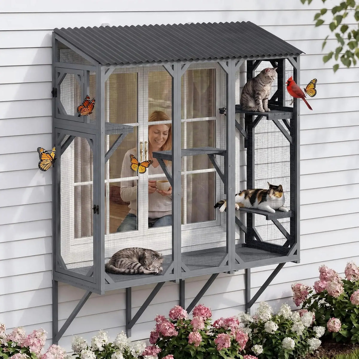 Wooden Window Catio Cat Enclosure With Perch For Indoor Cats