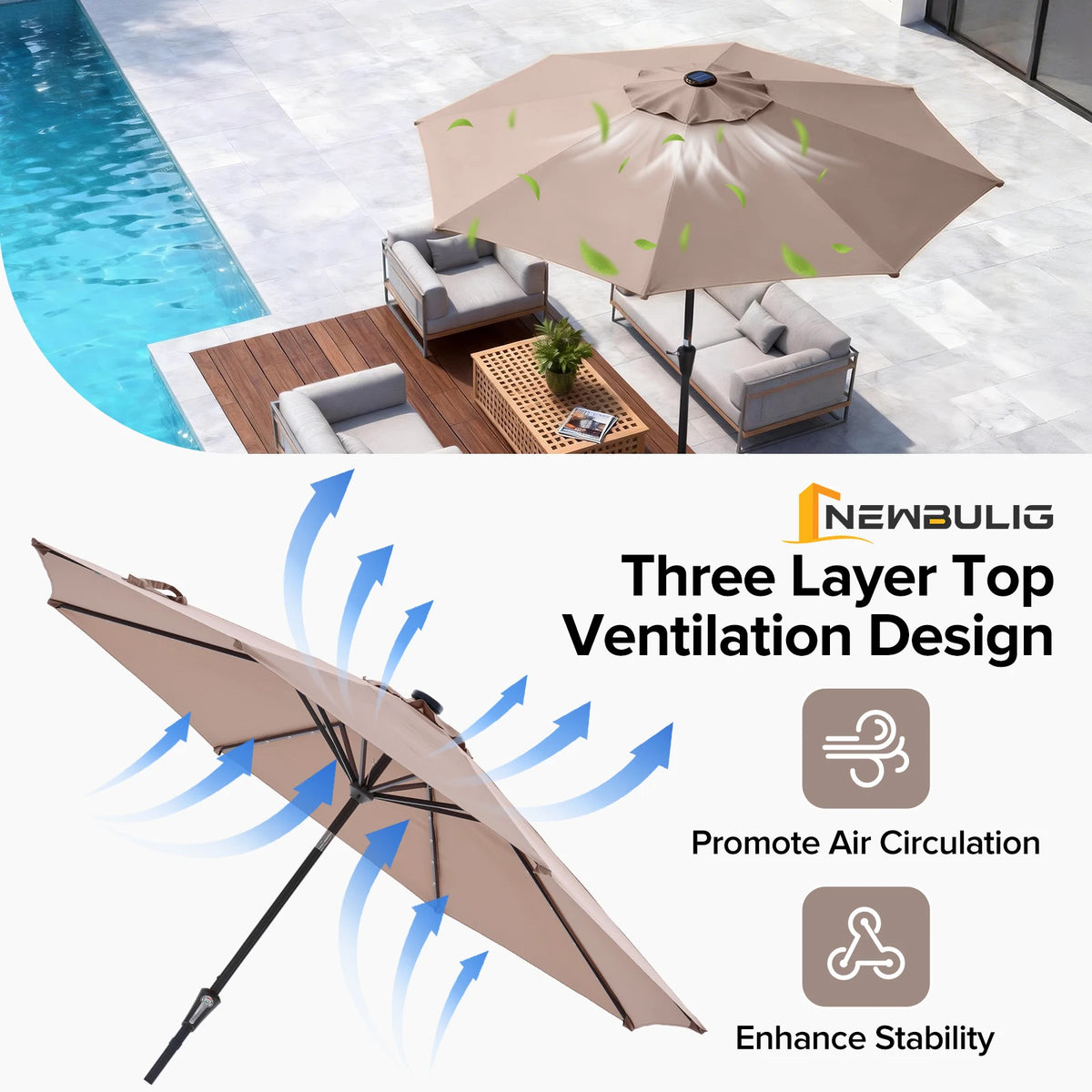 JHK Solar Patio Umbrella Featuring LED Lighting And Tilt Crank