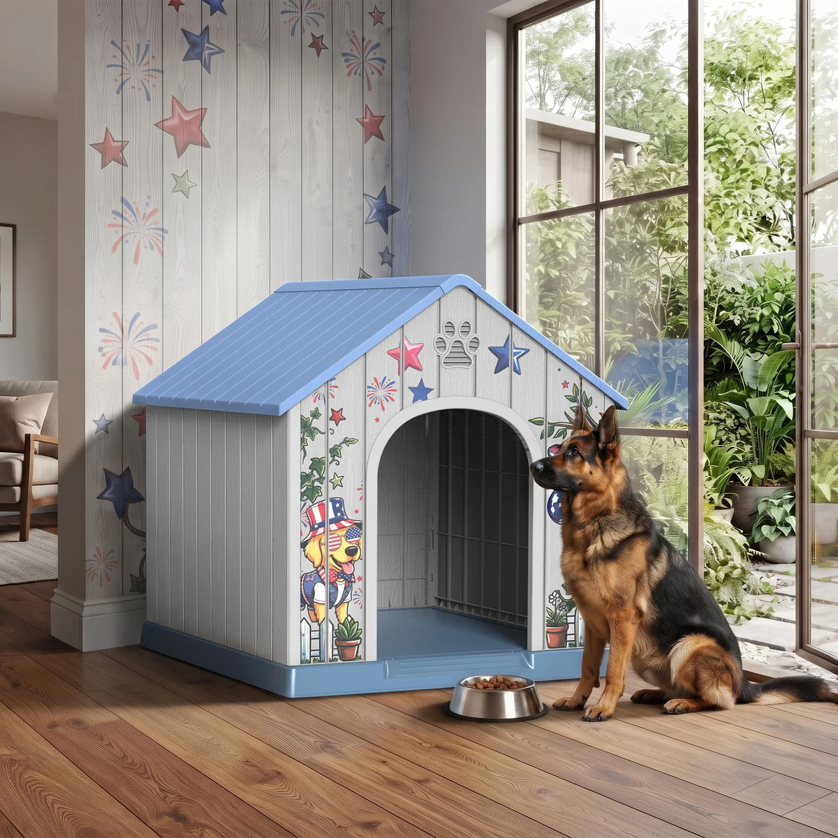 Outdoor Plastic Dog House Weatherproof Pet Shelter With Printed Door