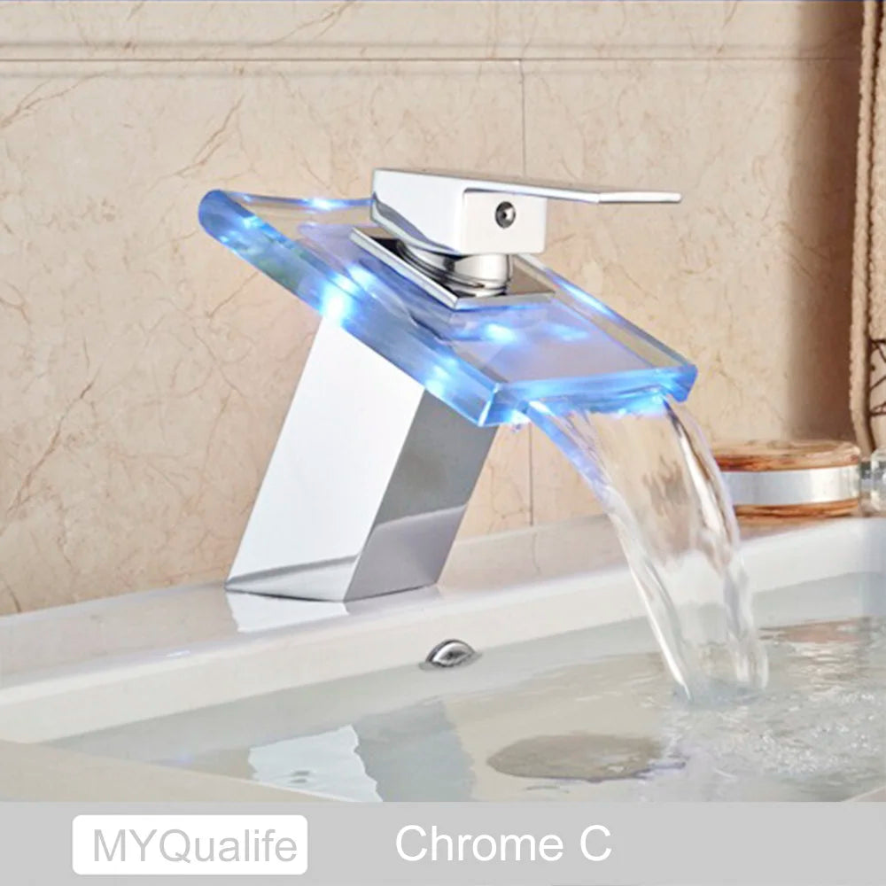 MYQualife LED Waterfall Basin Faucet Deck Mounted Sink Mixer