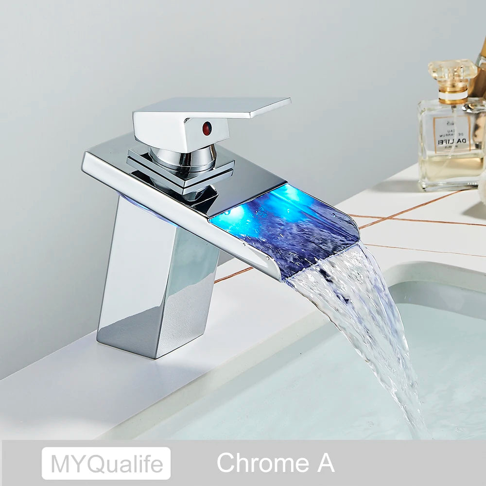 MYQualife LED Waterfall Basin Faucet Deck Mounted Sink Mixer