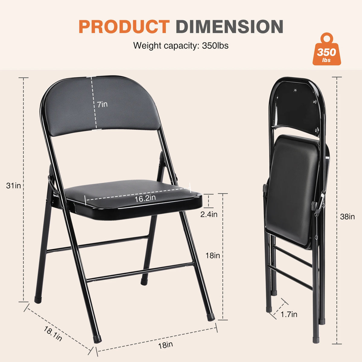 JHK Faux Leather Padded Folding Chairs With Sturdy Metal Frame