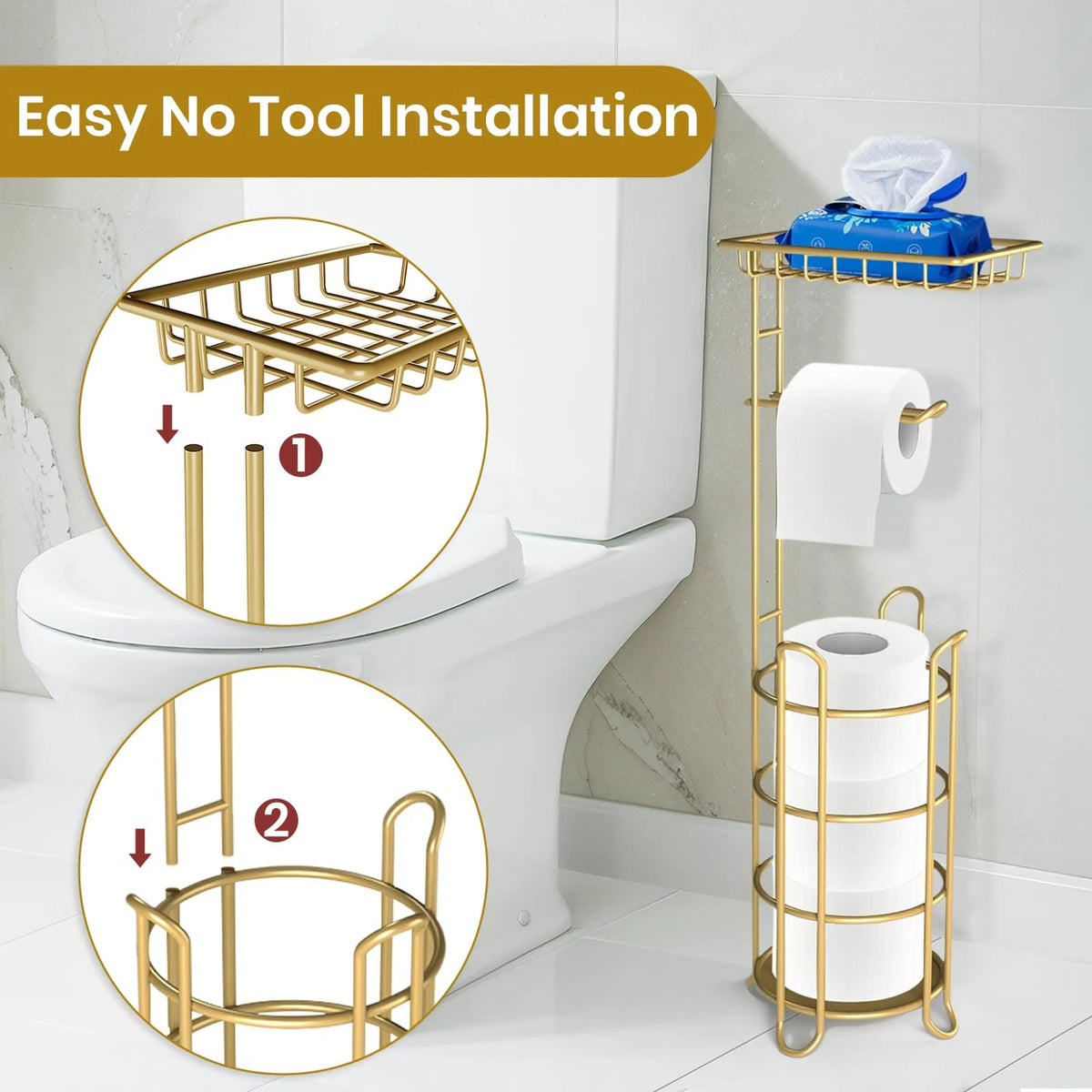 Freestanding Iron Bathroom Tissue Holder Stand With Storage Shelf