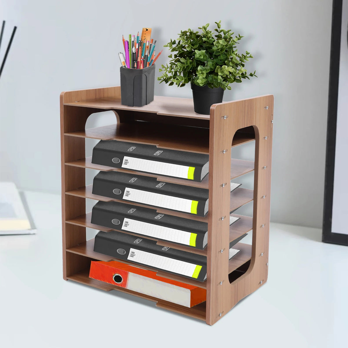 7 Tier Wooden Office Paper Organizer Desk File Sorter Rack