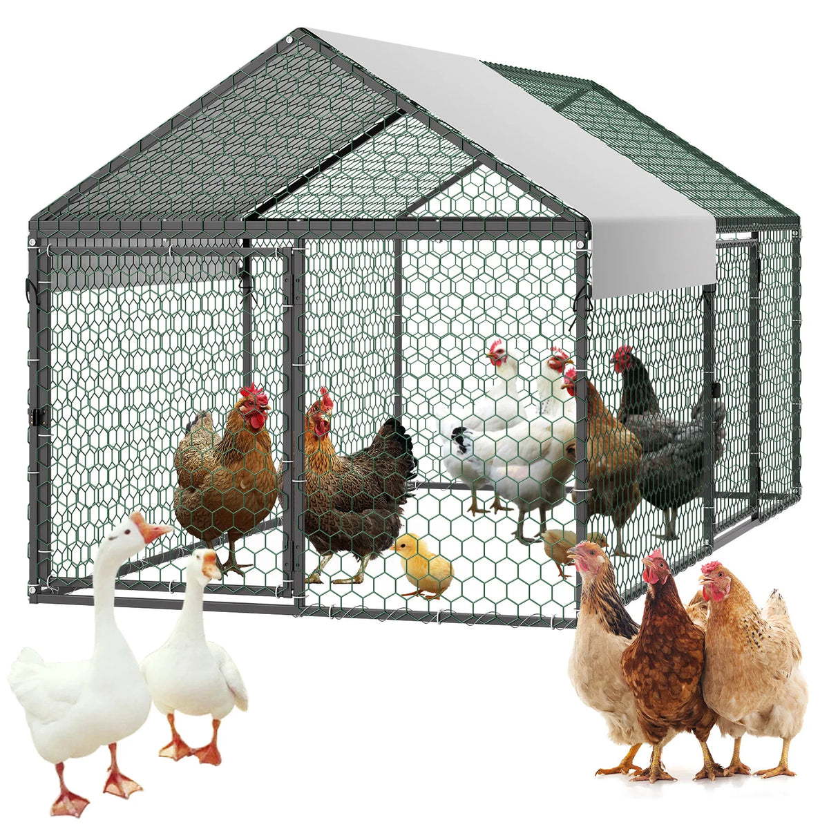 SucceBuy Metal Chicken Coop With Waterproof Weather Resistant Cover
