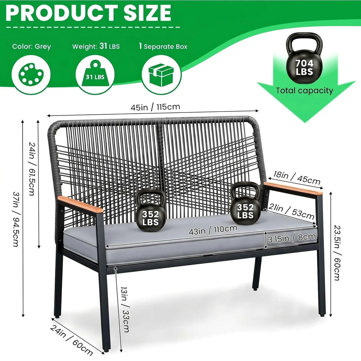 Modern Rattan Patio Loveseat With Metal Frame And Cushions