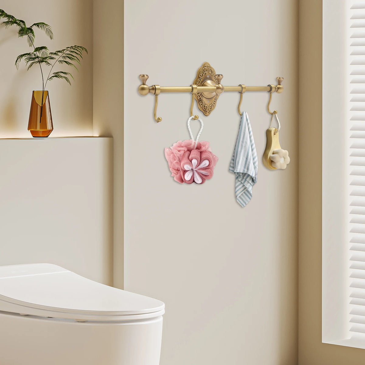 Wall Mounted Brass Towel Rack With Multiple Storage Hooks