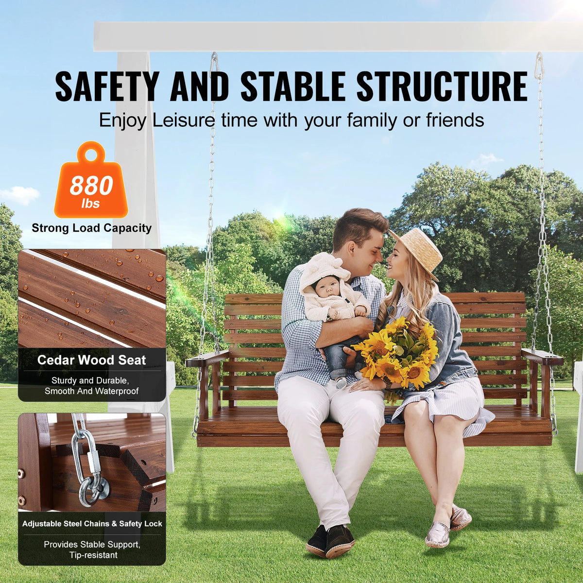 SucceBuy Cedar Wood Porch Swing Bench with Steel Chains
