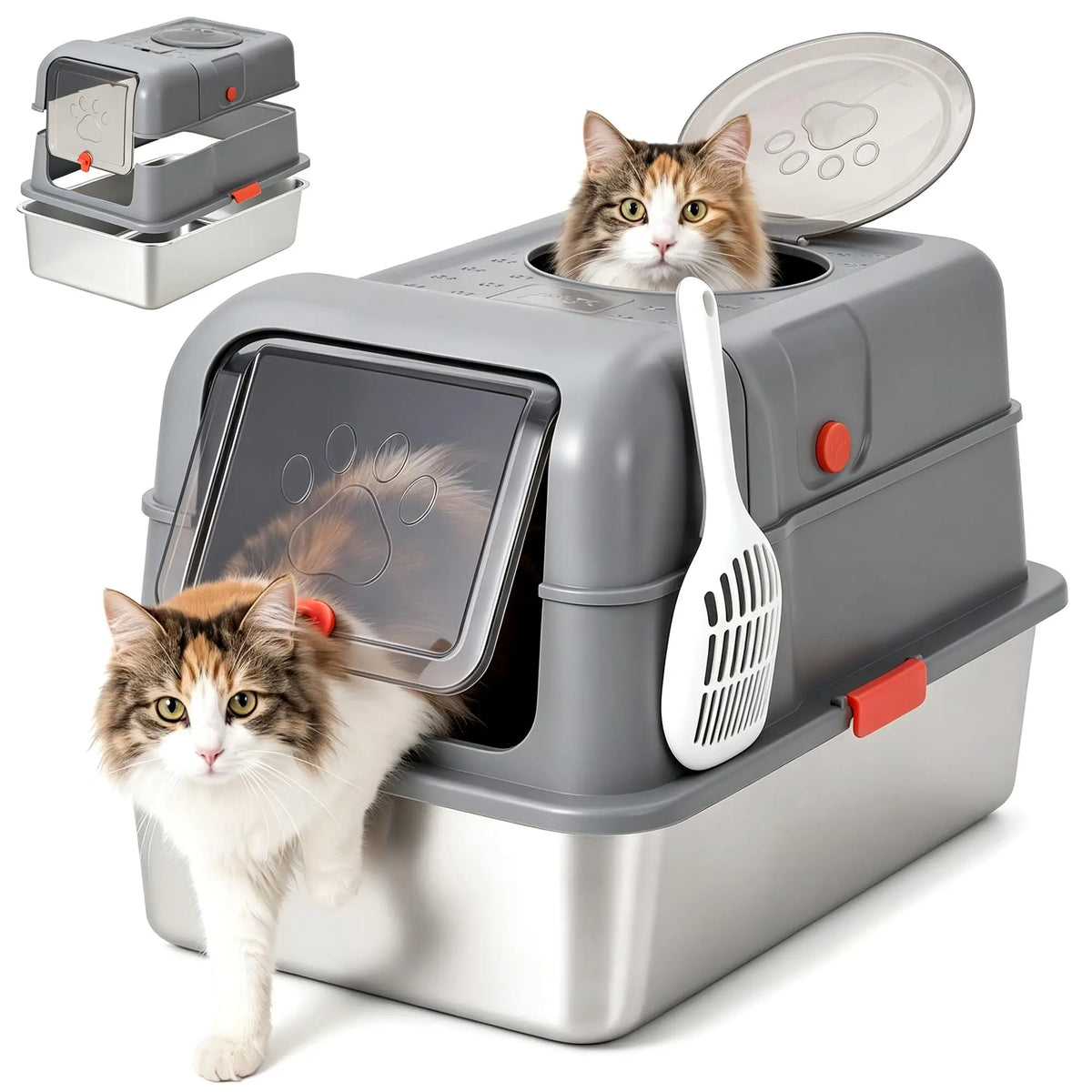 Studyset Enclosed Stainless Steel Litter Box With Lid For Cats