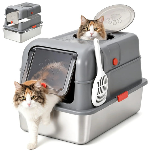 Studyset Enclosed Stainless Steel Litter Box With Lid For Cats