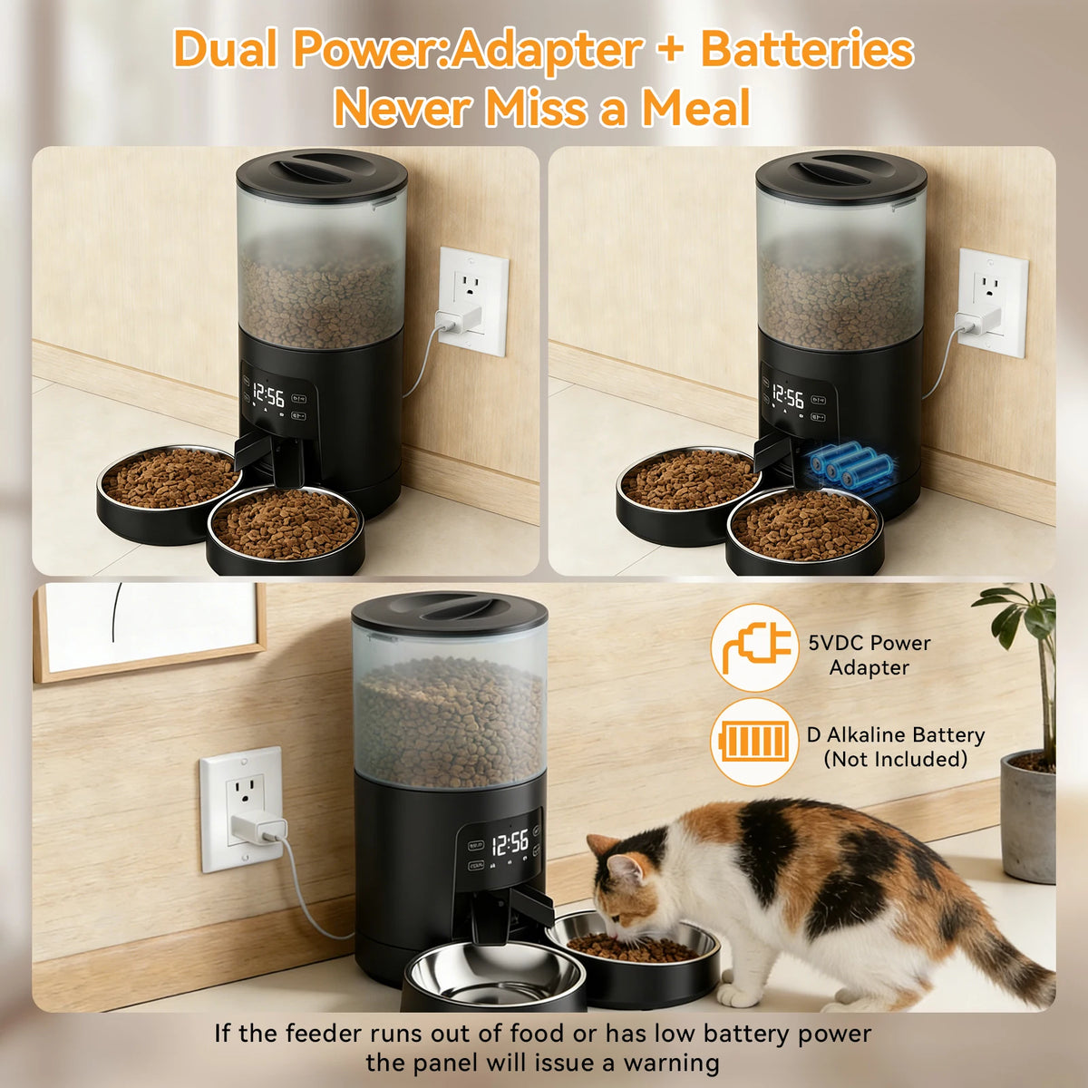 Automatic Cat Feeder With Stainless Bowls Timed Dual Power Supply