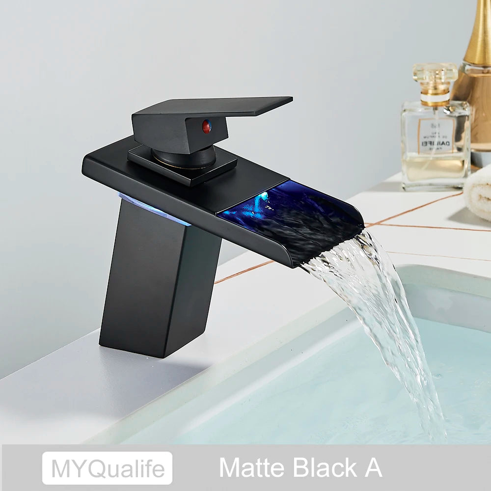MYQualife LED Waterfall Basin Faucet Deck Mounted Sink Mixer