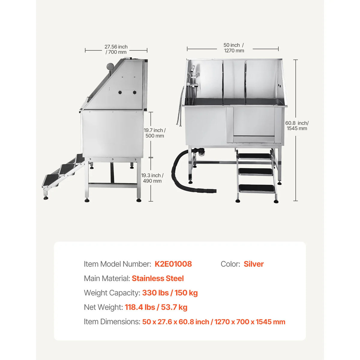 Stainless Steel Dog Washing Station With Ramp And Showerhead