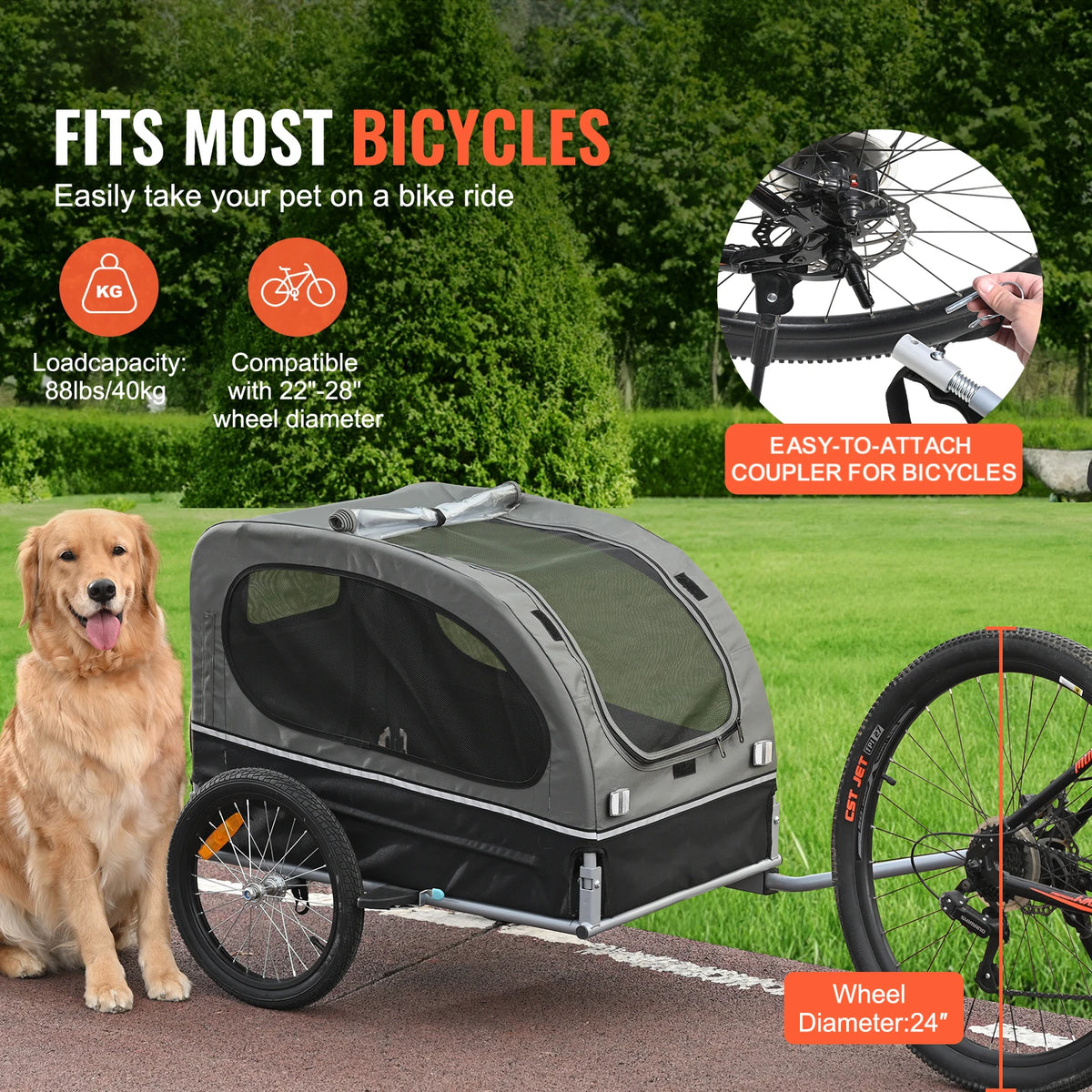 Collapsible Dog Bike Trailer With Coupler And Reflective Flag