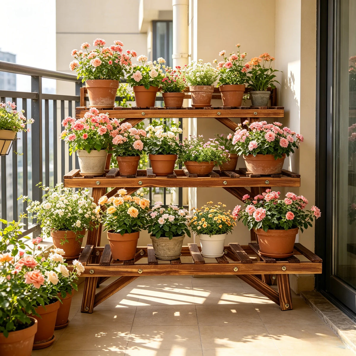 Wooden Three Tier Ladder Plant Stand For Garden Display Rack