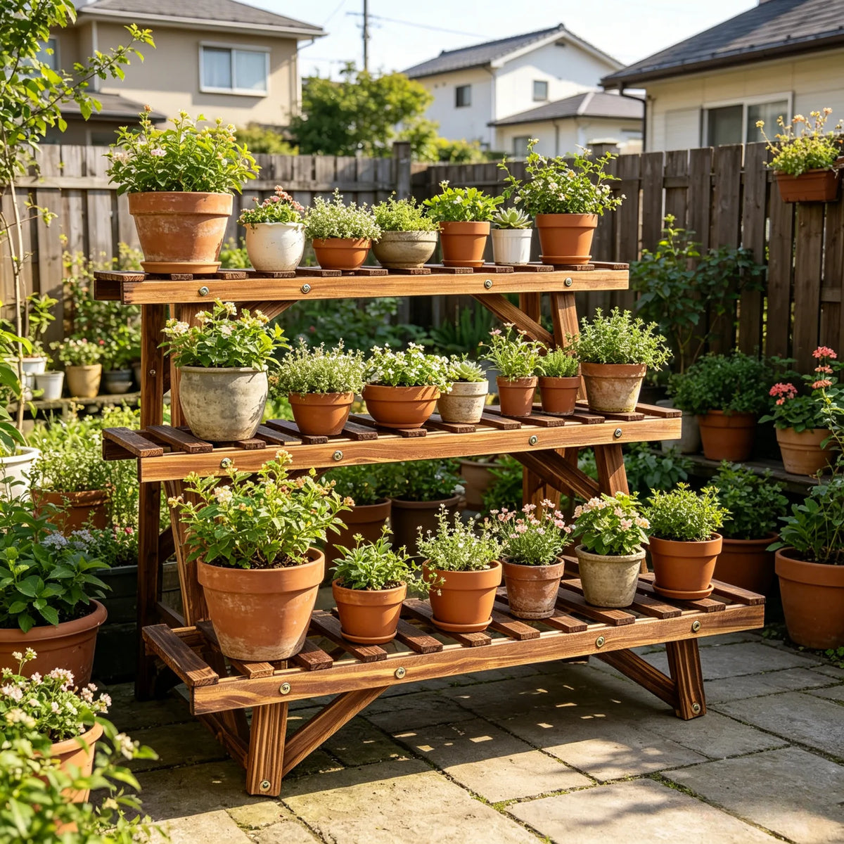 Wooden Three Tier Ladder Plant Stand For Garden Display Rack
