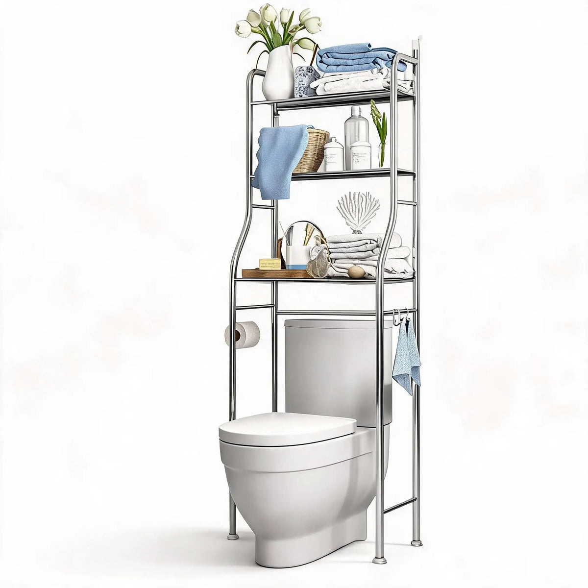 Over The Toilet Freestanding Bathroom Storage Organizer With Towel Hooks