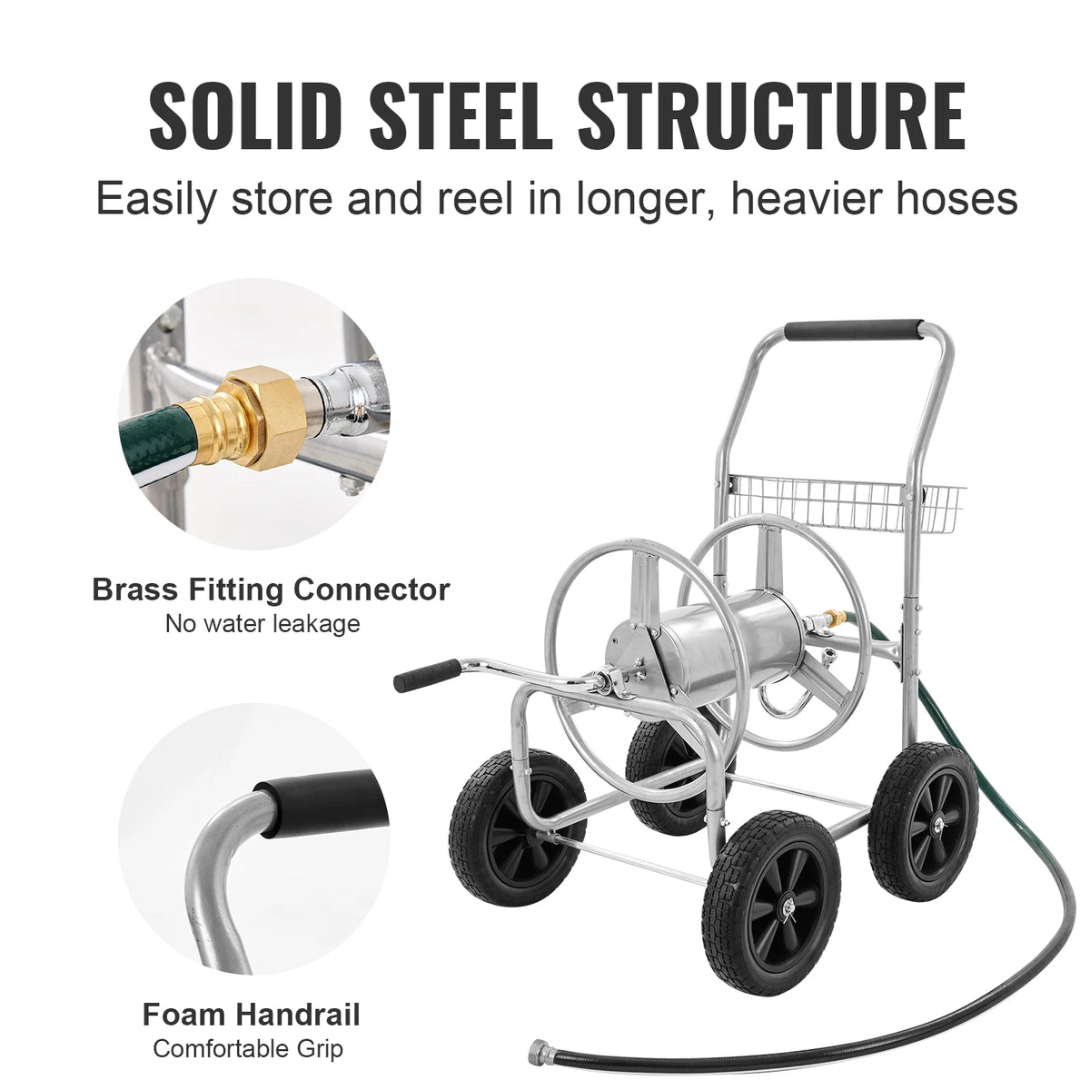 SucceBuy Heavy Duty Steel Garden Hose Reel Cart With Storage Basket