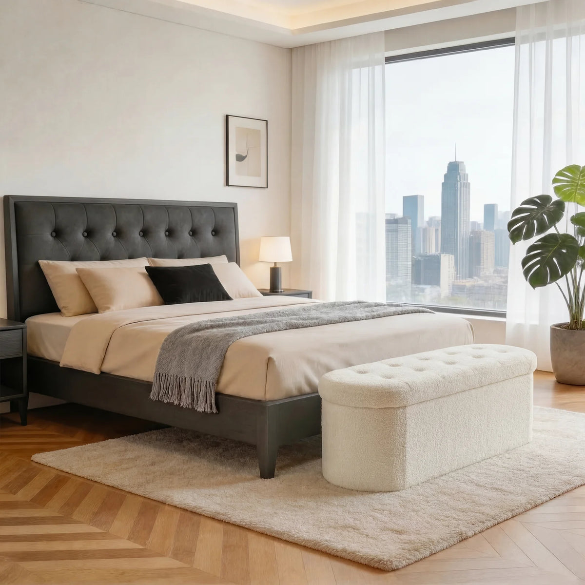 MCQ Faux Fur Storage Ottoman Footrest Stool for Bedroom