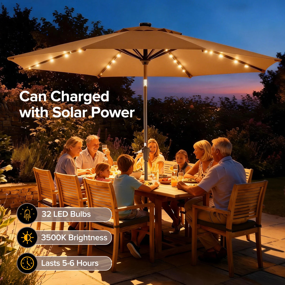 JHK Solar Patio Umbrella Featuring LED Lighting And Tilt Crank