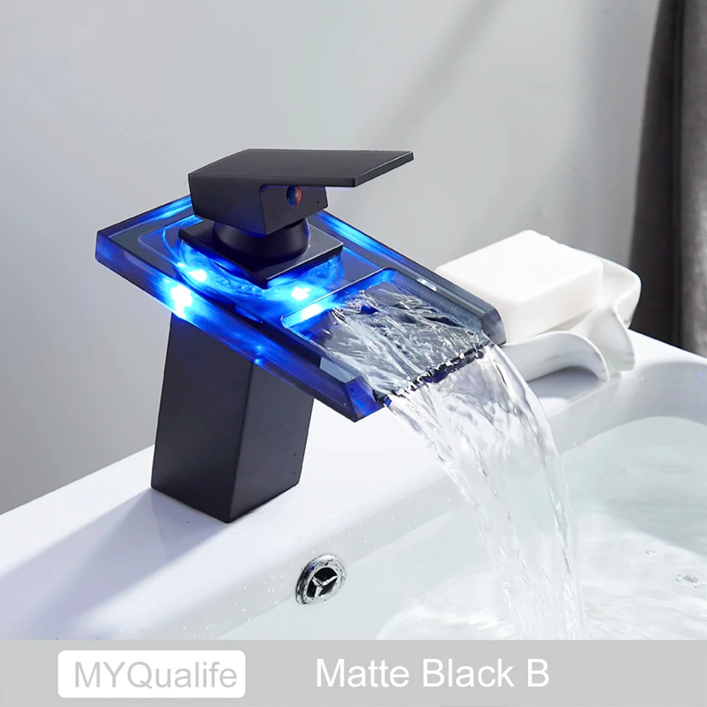 MYQualife LED Waterfall Basin Faucet Deck Mounted Sink Mixer