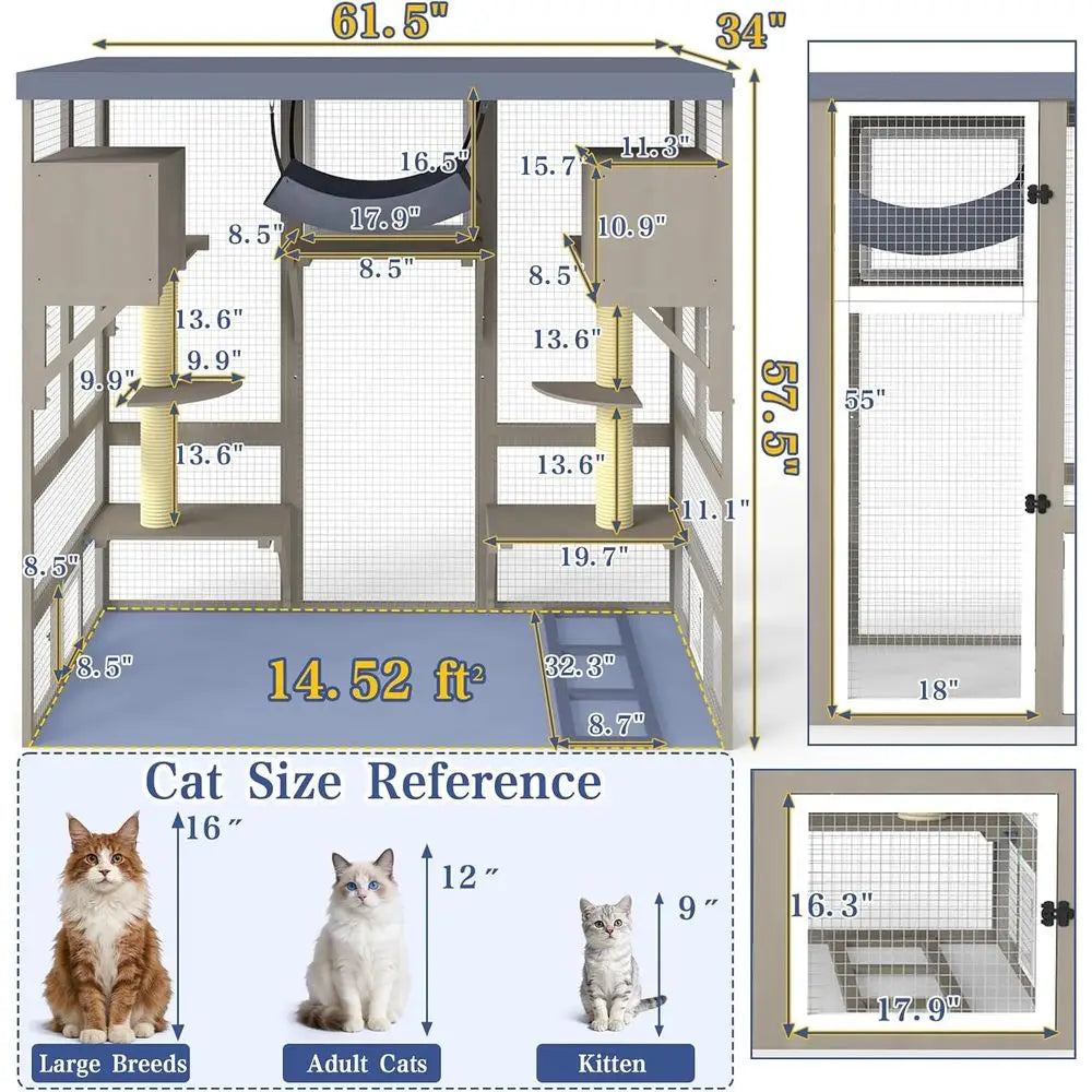 Outdoor Catio With Seven Platforms Dual Scratch Posts And Hammock