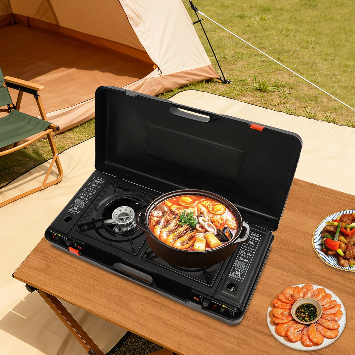Portable Two Burner Gas Stove With Piezo Ignition For Camping