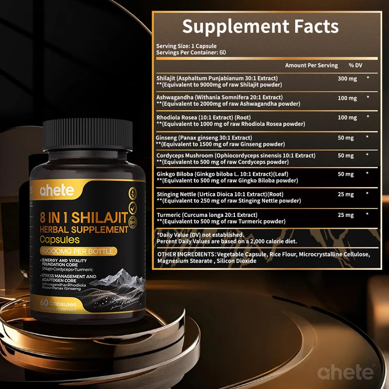 Ahete Shilajit Capsules With Indian Ginseng Rhodiola And Cordyceps