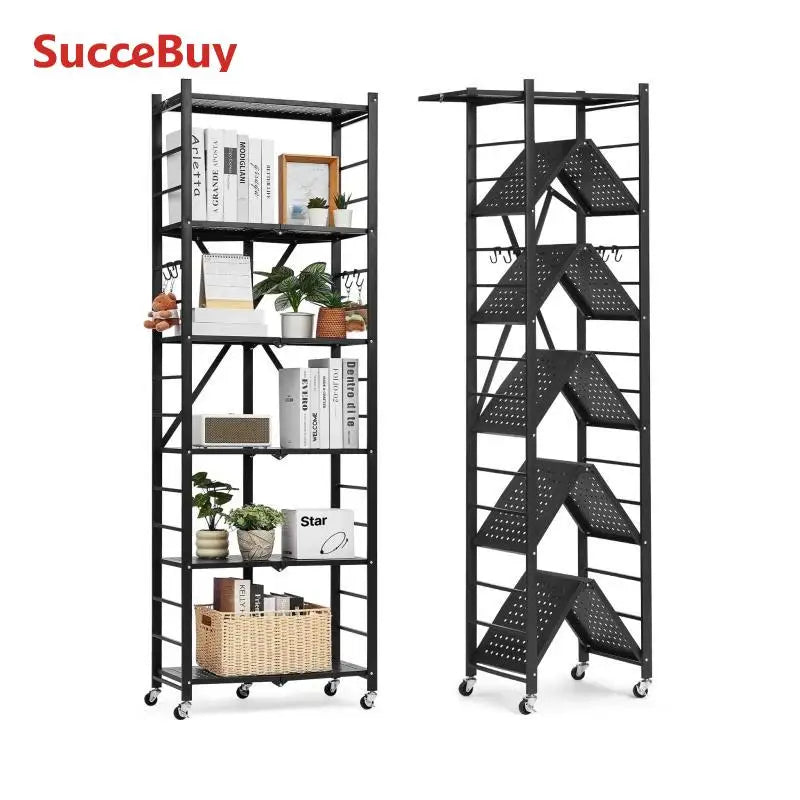 SucceBuy Foldable Metal Storage Shelving Rack With Wheels