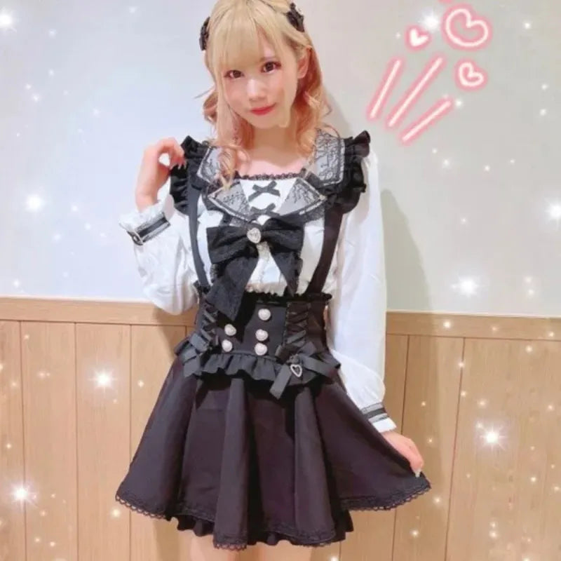 Japanese Gothic Lolita A-Line Lace Suspenders Skirt For Girls