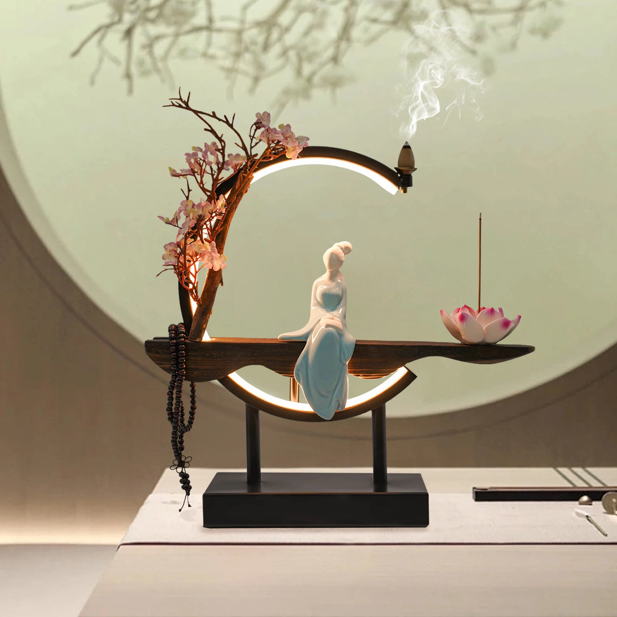 Backflow Incense Holder With Lotus Insert And One Touch Control
