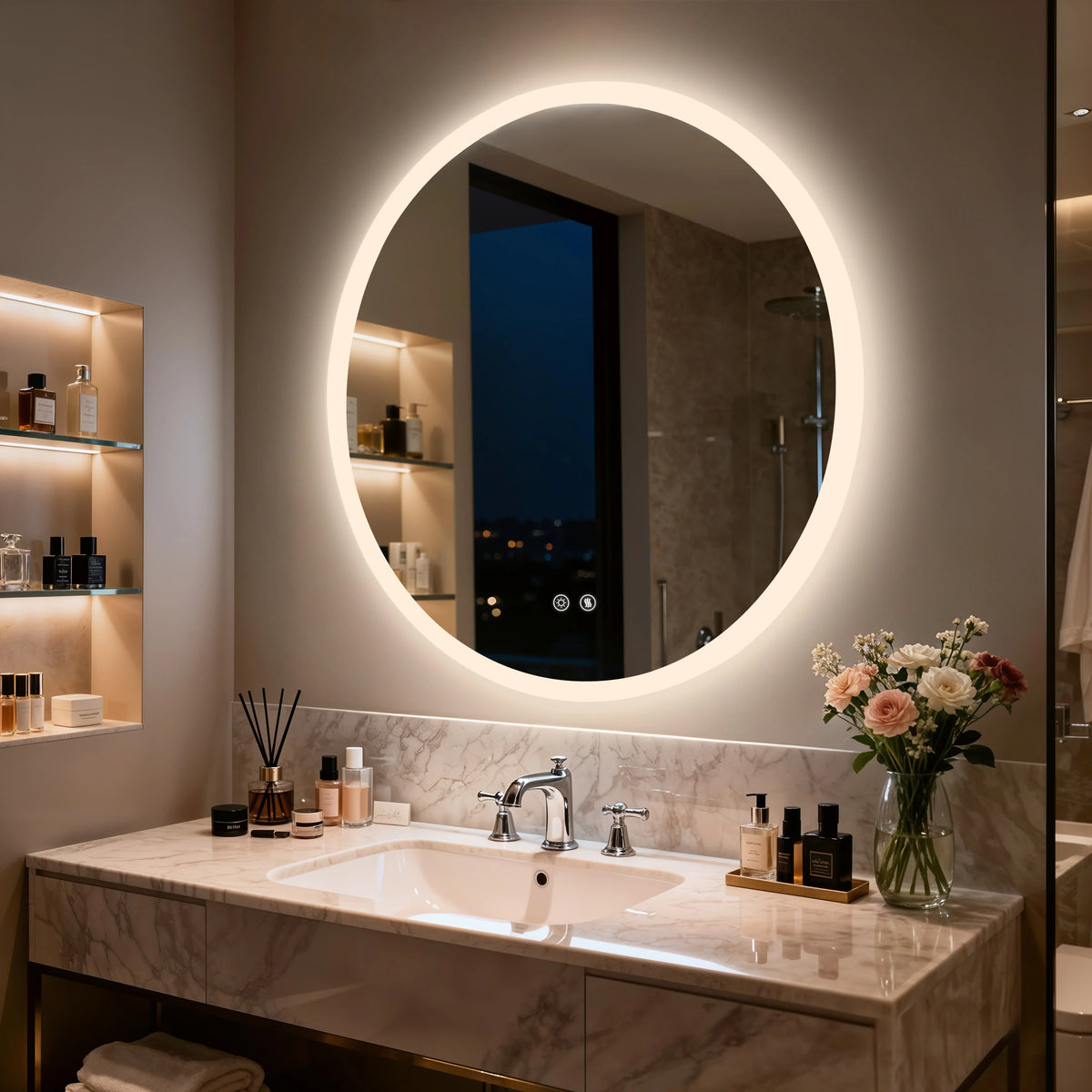 dimmable round LED bathroom mirror
