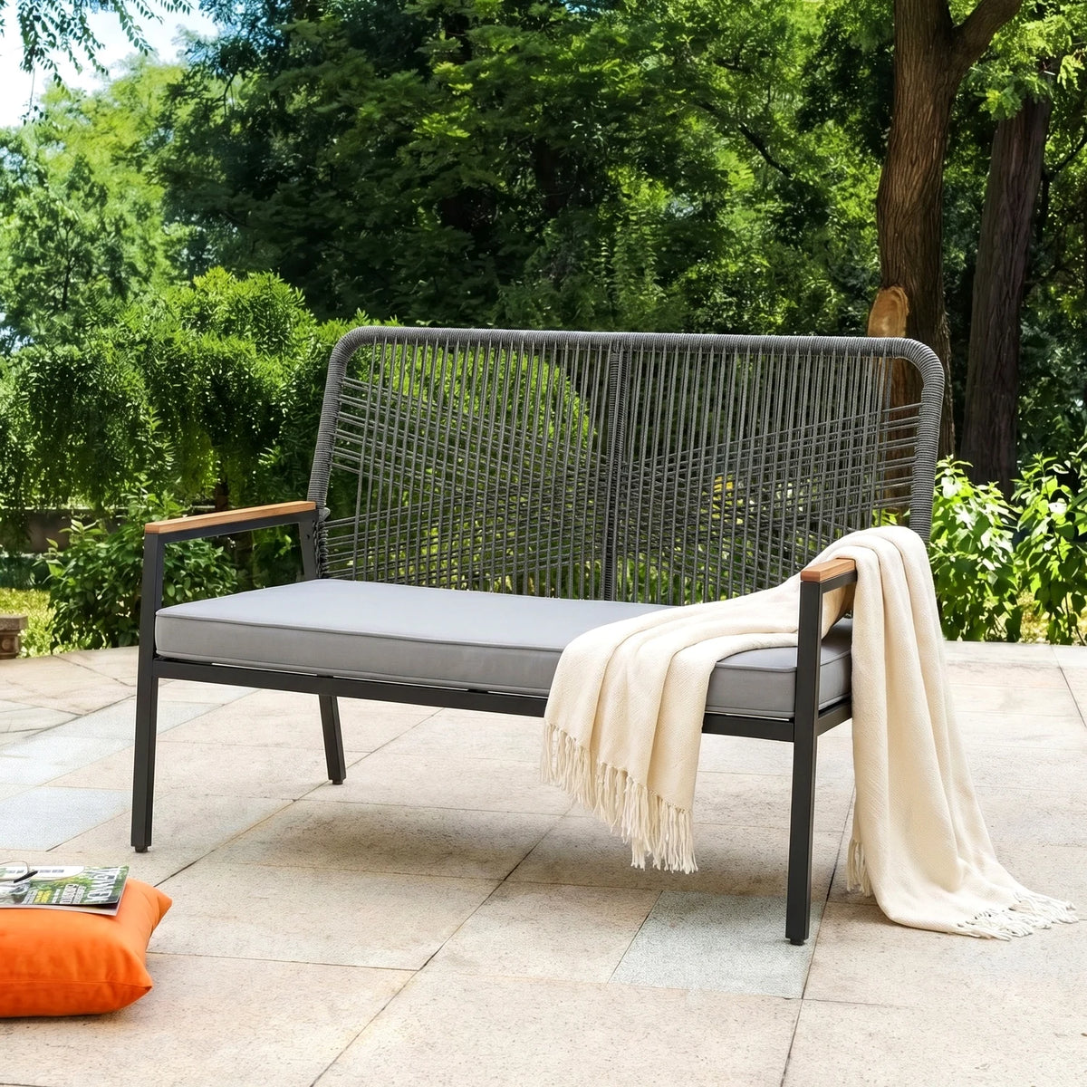 Modern Rattan Patio Loveseat With Metal Frame And Cushions