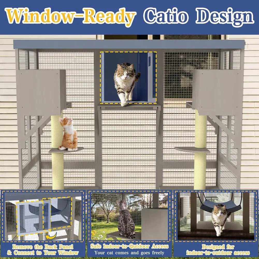 Outdoor Catio With Seven Platforms Dual Scratch Posts And Hammock
