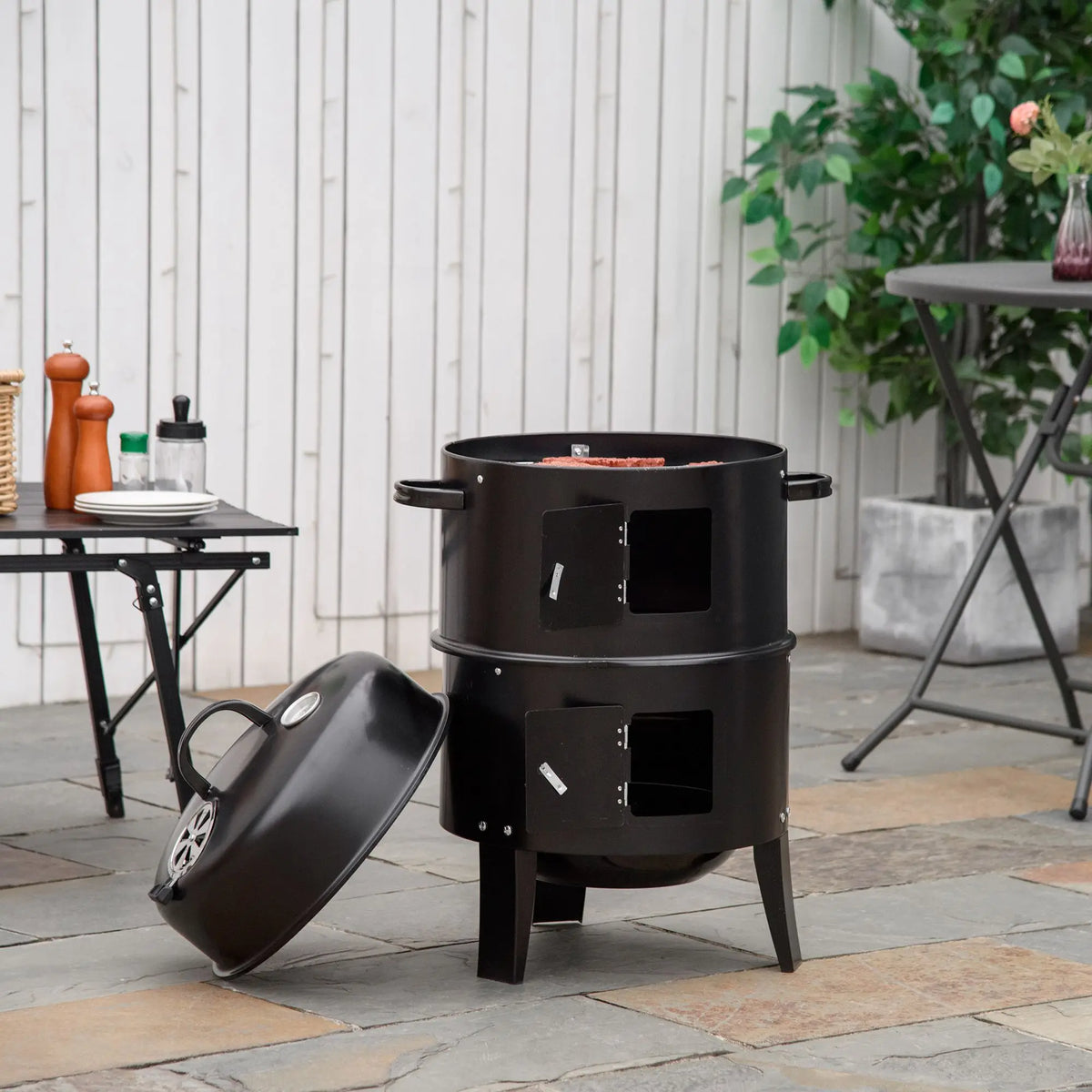 Outsunny 3-in-1 Outdoor Charcoal Barbecue Smoker Grill With Thermometer