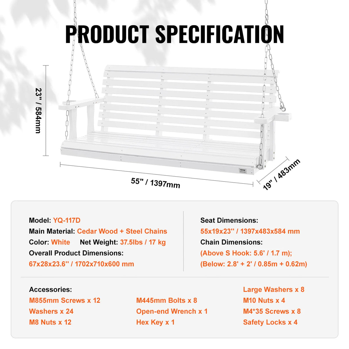 SucceBuy Cedar Wood Porch Swing Bench with Steel Chains
