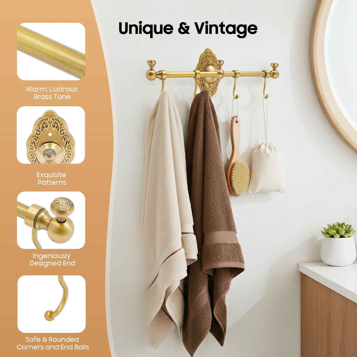 Wall Mounted Brass Towel Rack With Multiple Storage Hooks