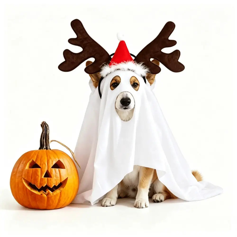 Halloween Ghost Pet Cape Costume Set With Reindeer Antlers Headband
