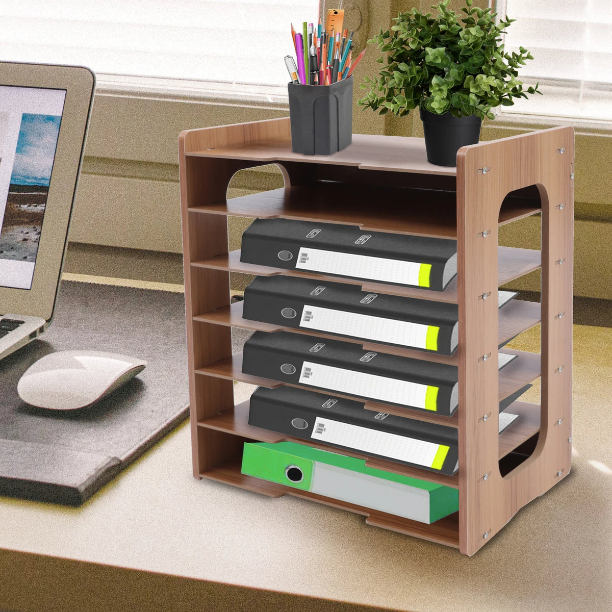 7 Tier Wooden Office Paper Organizer Desk File Sorter Rack