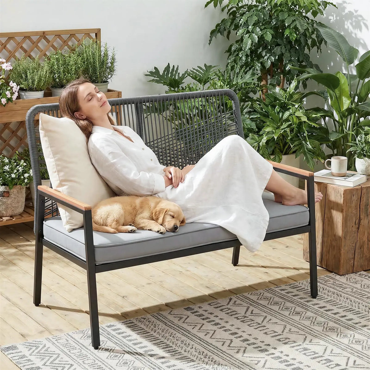 Modern Rattan Patio Loveseat With Metal Frame And Cushions