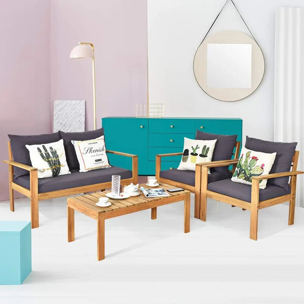 Outdoor Acacia Wood Sofa Set With Table And Cushions
