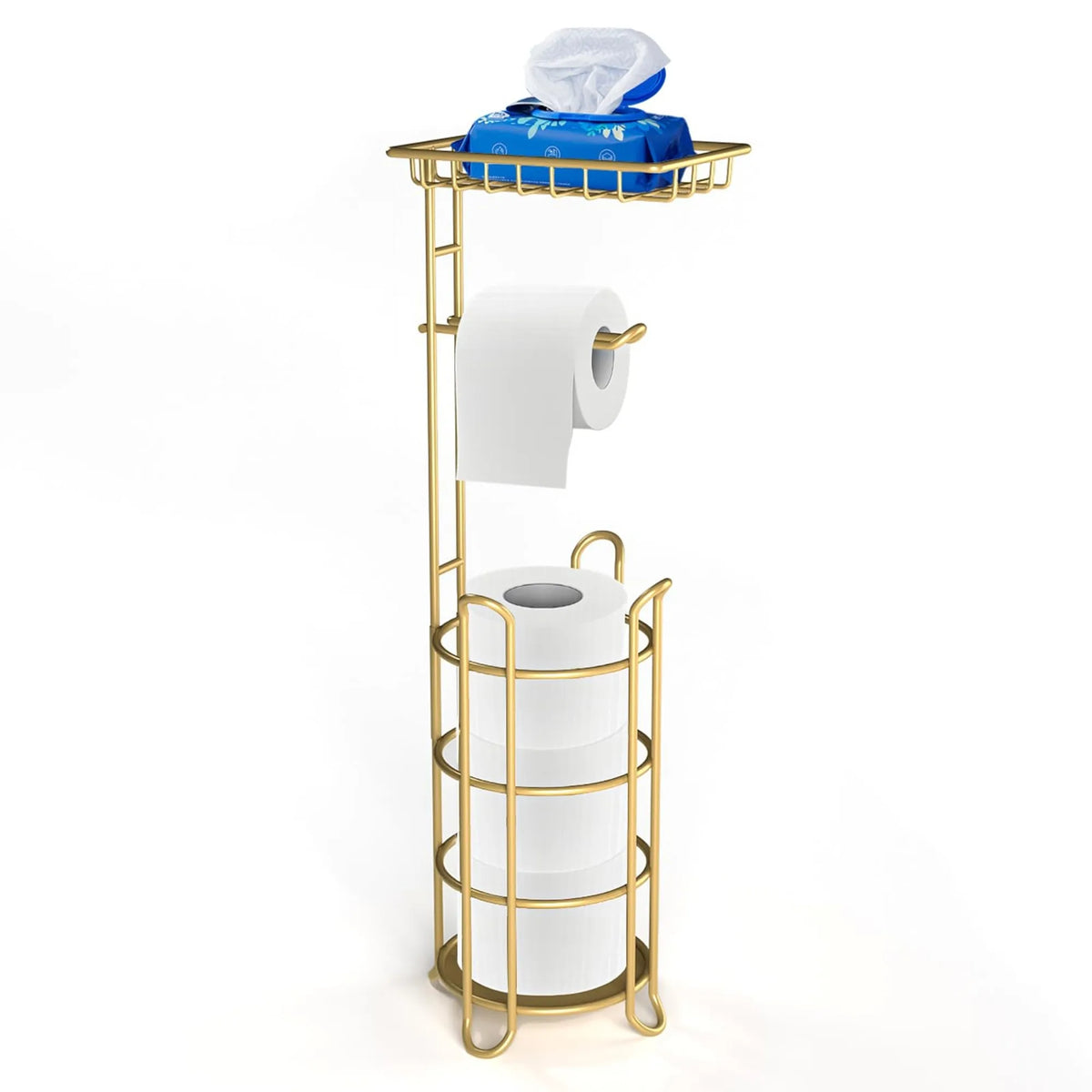 Freestanding Iron Bathroom Tissue Holder Stand With Storage Shelf