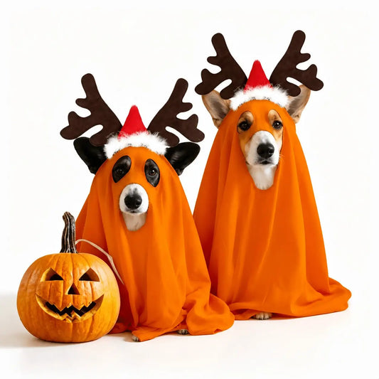 Halloween Ghost Pet Cape Costume Set With Reindeer Antlers Headband