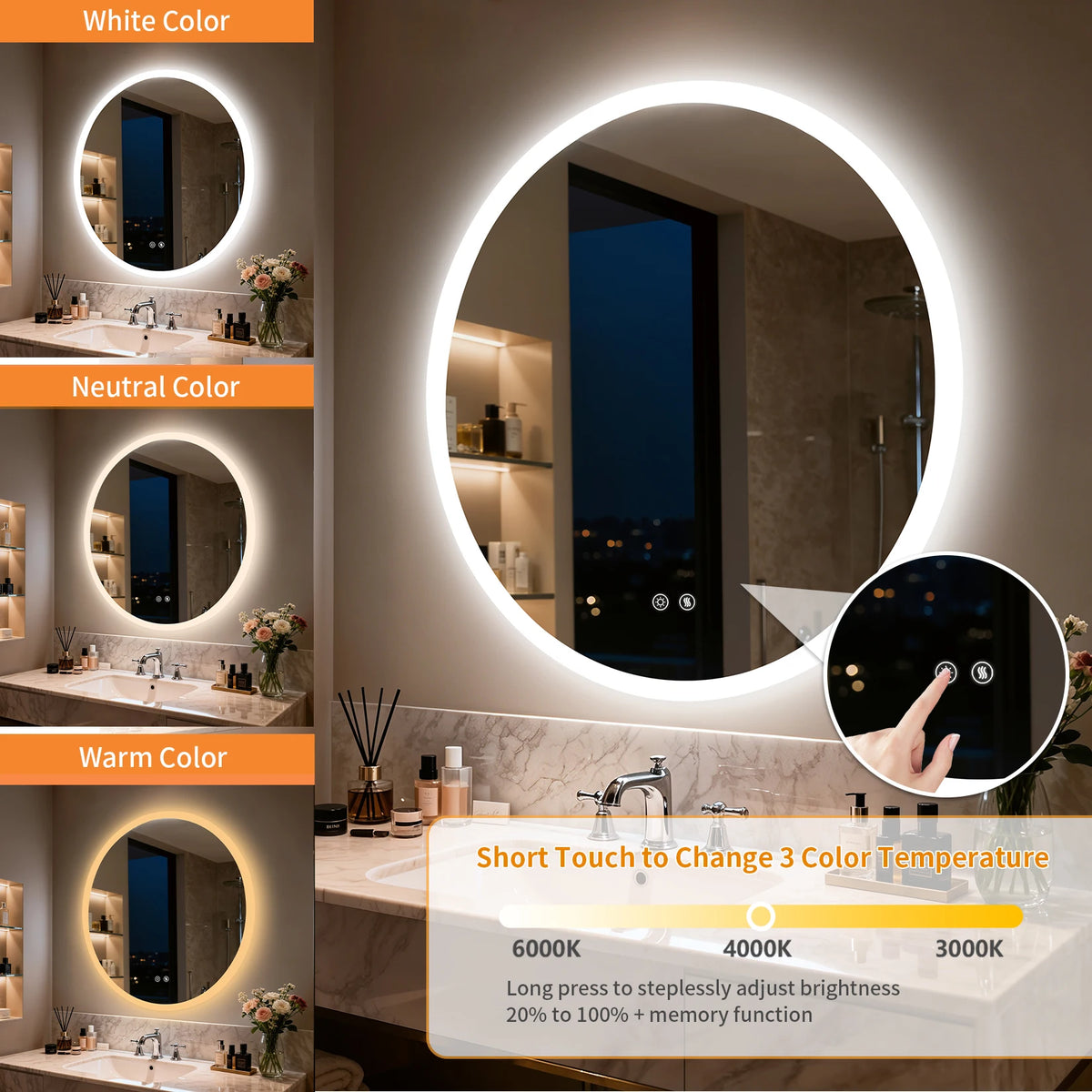 dimmable round LED bathroom mirror