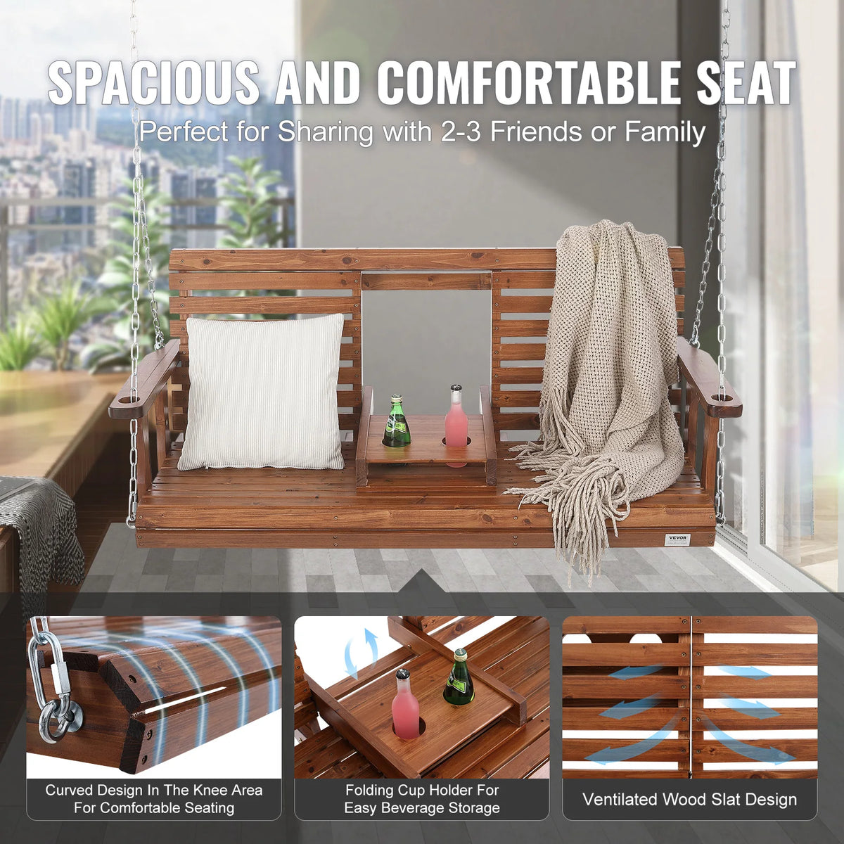 SucceBuy Cedar Wood Porch Swing Bench with Steel Chains