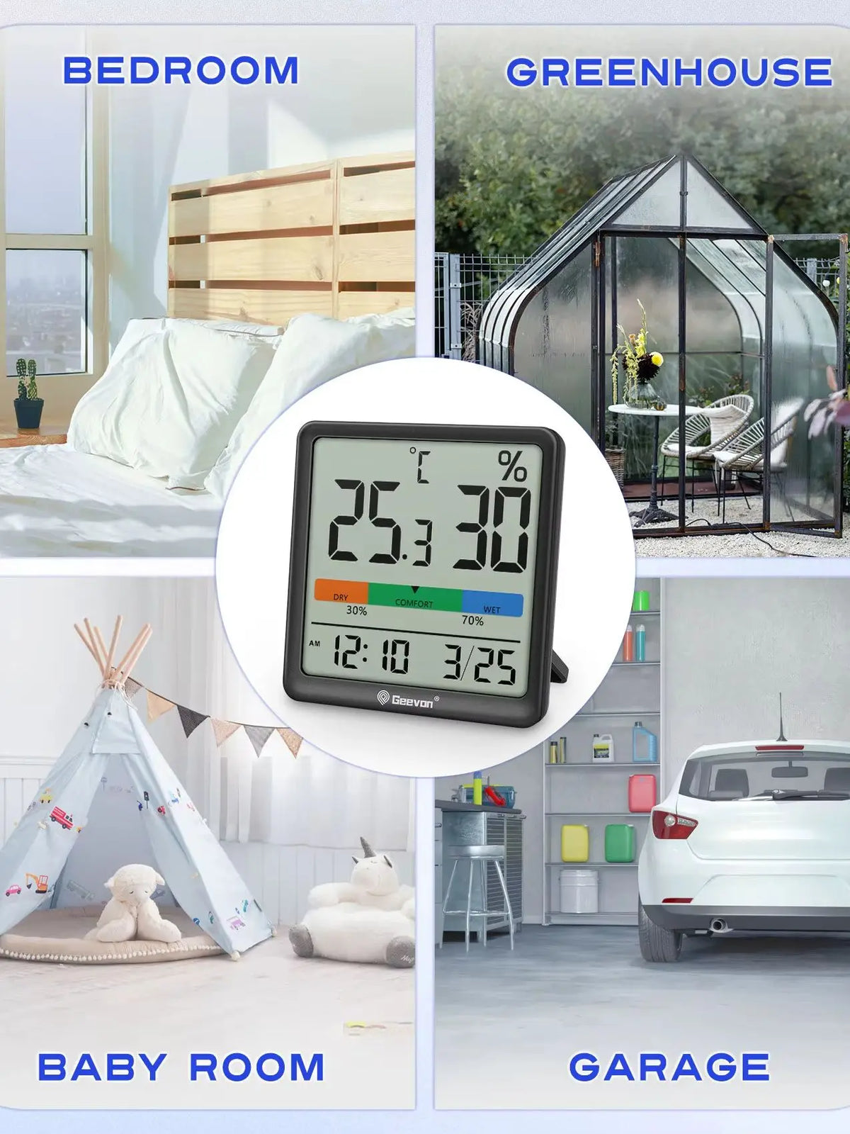 Geevon Digital Indoor Thermometer Hygrometer With Clock And Humidity Monitor
