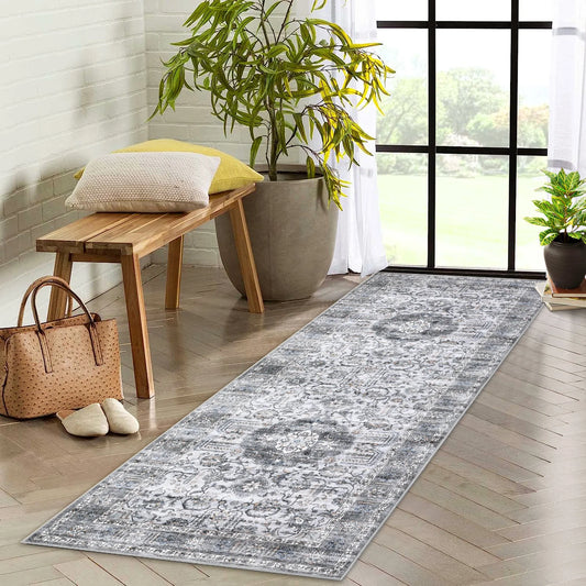Washable Boho Vintage Medallion Runner Rug With Non Slip Backing