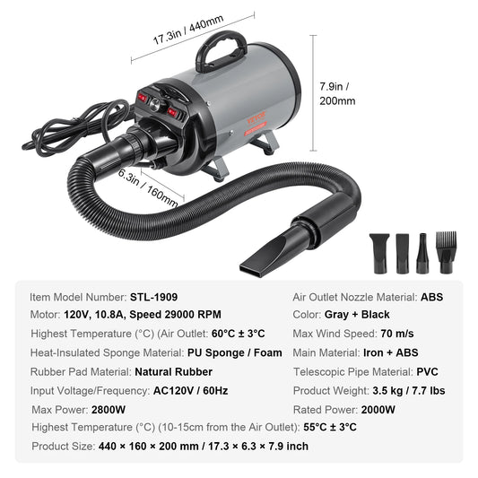 SucceBuy 2800W Pet Dog Dryer With Adjustable Settings And Attachments