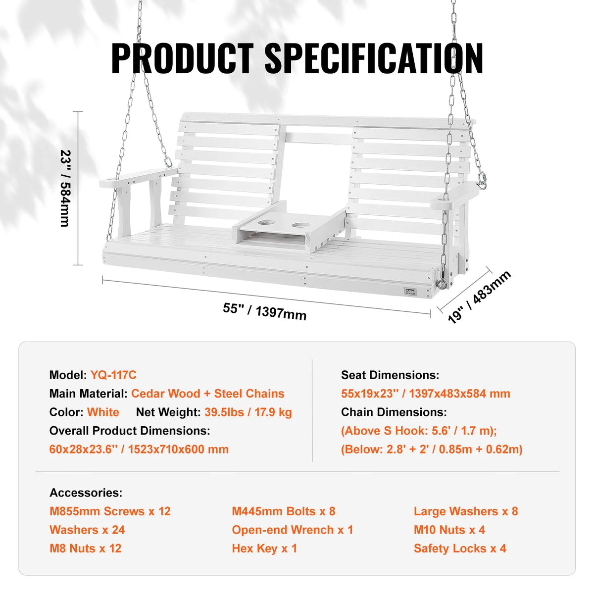SucceBuy Cedar Wood Porch Swing Bench with Steel Chains